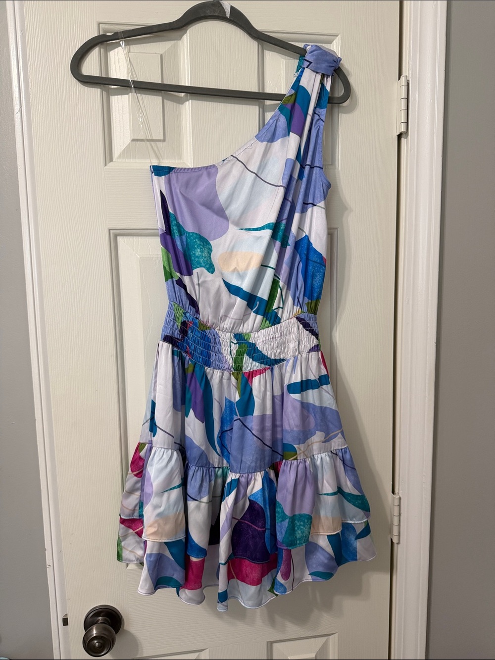 entro One-Shoulder Tiered Dress in White, Blue, Purple, Pink, Green